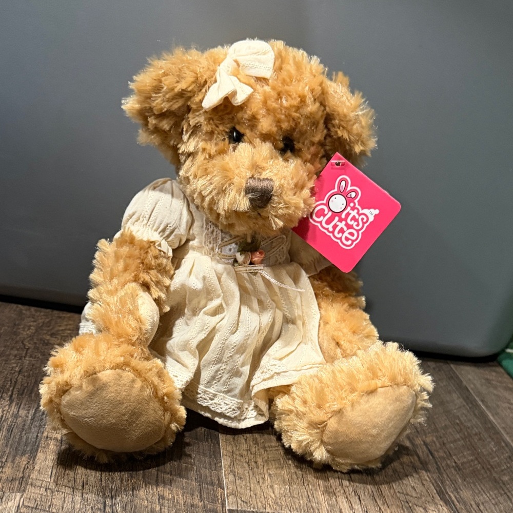 Plush Brown Teddy Bear in Cream Dress - Cute Tag